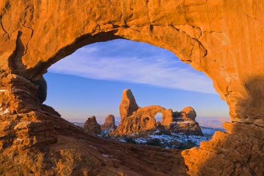 The North Window and Turret Arch at sunrise in winter, Arches National Park, Grand County, Utah, USA