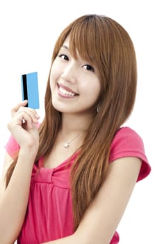 smiling asian girl holding credit card