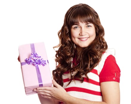 Beautiful brunette girl with present box.