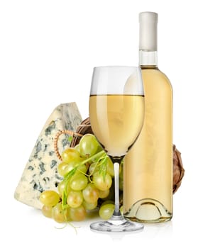 Blue cheese wine and grapes in basket
