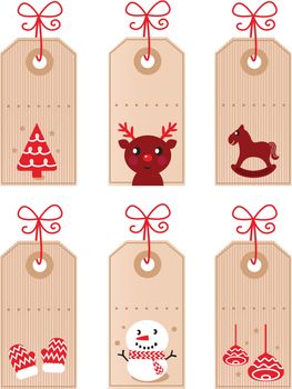 Retro xmas tags set with cute characters and decoration. Vector