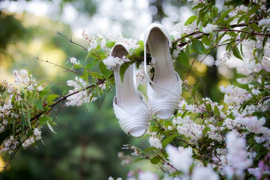 Bride's shoes on a log on rustic car