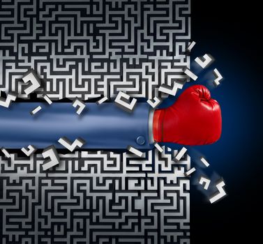 Breaking out leadership and business vision with strategy in corporate challenges and obstacles in a maze with a business man arm with a red boxing glove clearing a path in a labyrinth with a clear solution shortcut for success.