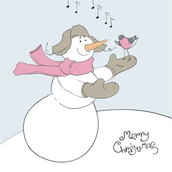 Snowman and his friend - bullfinch. Christmas illustration, vect