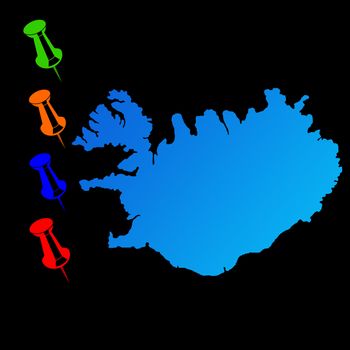 Iceland travel map with push pins on black background.