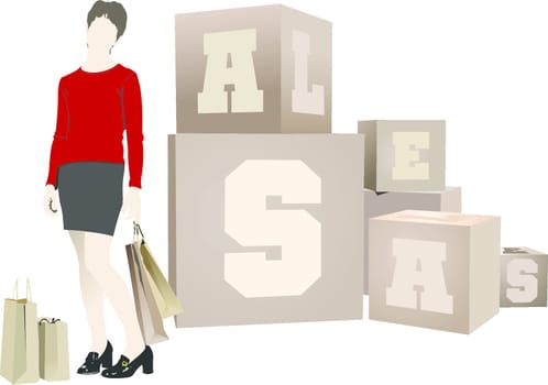 Shopping girls standing near sale cubes. Vector illustration
