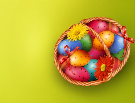 Easter background with Easter eggs and flowers with basket. Vect