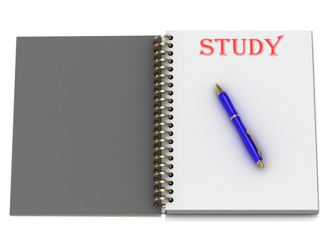 STUDY word on notebook page and the blue handle. 3D illustration on white background