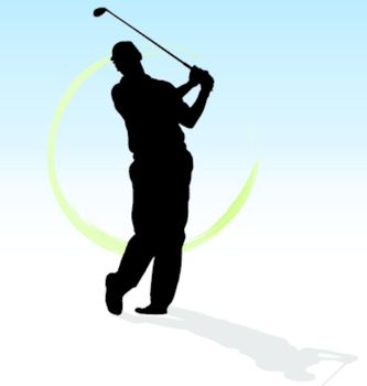 Vector silhouette of golfer with green trace on blue background.