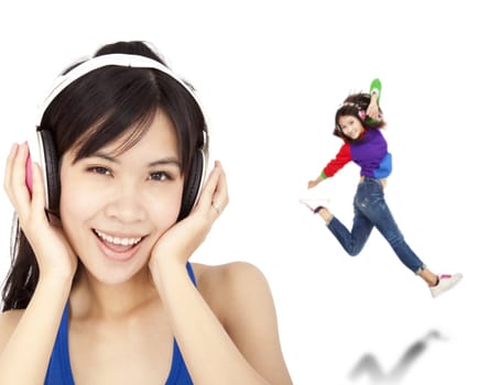 happy asian woman listen music and dancing