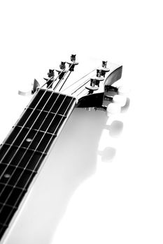 Guitar. Fretboard. Black-and-white image.