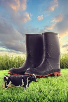 Rubber boots in grass with toy cow 