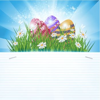 Colorful Easter eggs decorated with flowers in the grass on blue sky background and copy-space, eps10 vector illustration 