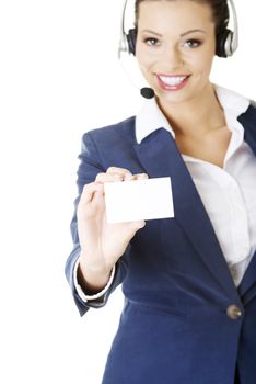 Customer service representative holding businesscard.