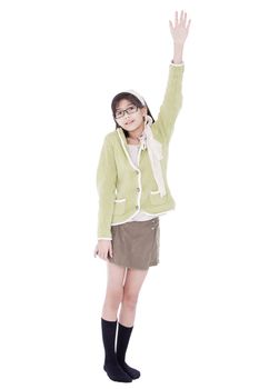 Girl in green sweater and glasses asking a question