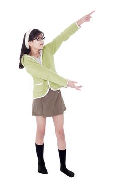 Girl in green sweater pointing to something