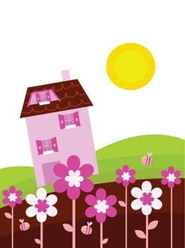 Fantasy country with house and spring flowers
