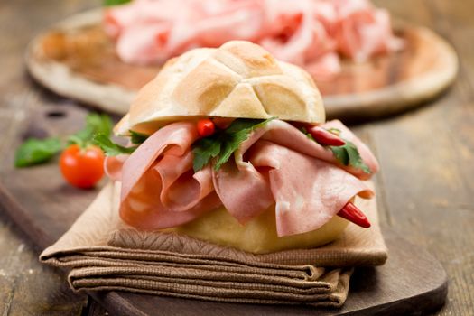 delicious spicy sandwich with mortadella and red peppers