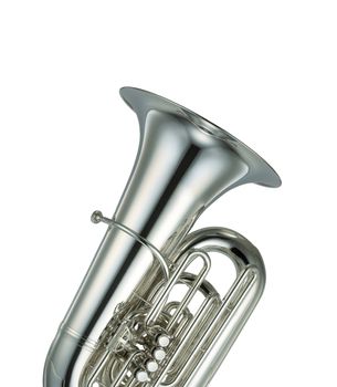Large silver brass tuba on white background