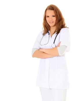 Confident doctor. All on white background. Extra text space on the left.