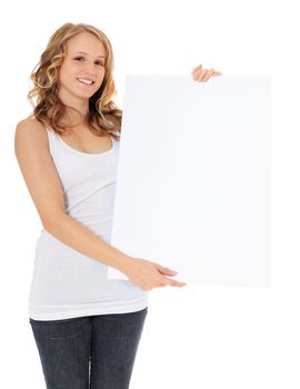 Attractive young woman holding blank white sign. All on white background.