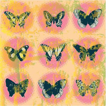 grunge halftone circles and butterflies