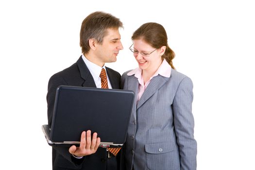 businessman and buisnesswoman together with notebook