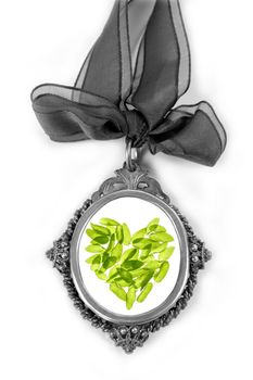 Cameo silver locket with green basil leaves heart