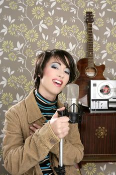 retro 60s singer woman microphone guitar reel tape