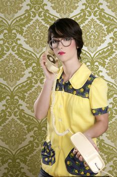 nerd housewife retro woman talking vintage phone