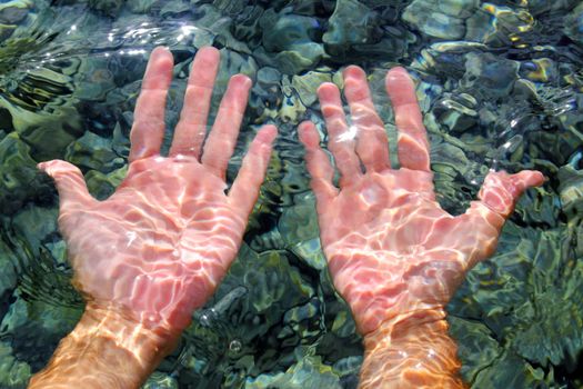 hands underwater river water wavy distorted