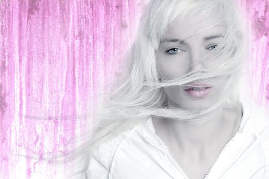 blonde girl wind long hair flying pink grunge background