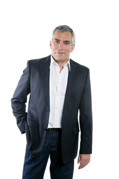senior businessman portrait black suit gray hair over white background