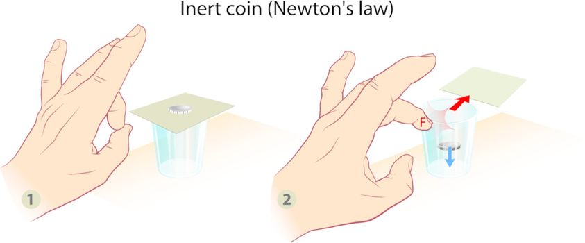 The experiment in physics that proves Newton's first law. What is needed is an empty glass, coin and card. When you hit the board (force), coin tends to retain its position and falls into the cup.