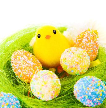 Colorful eggs with little chick
