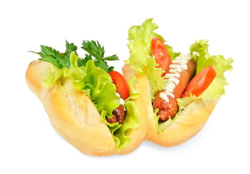 Two tasty and delicious hotdog. Isolated on white.