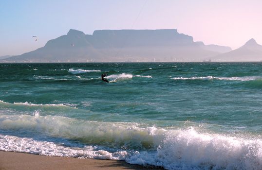 Kite-surfing in Blueberg beach, Cape Town, South Africa