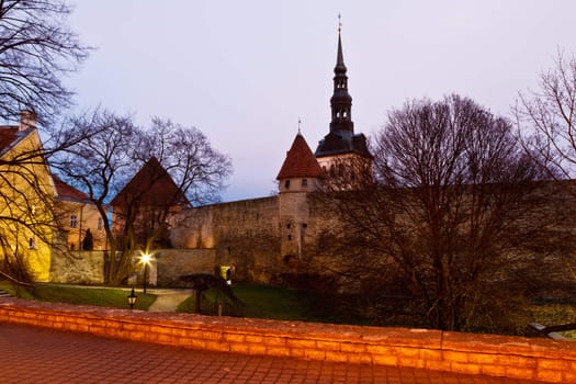 Early Morning at City Walls and Towers of Old Town in Tallinn, E