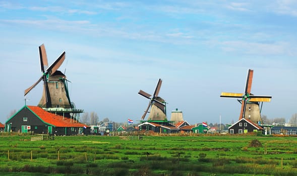 Dutch landscape with traditional windmills in Zaanse Schans.