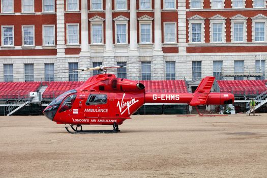 LONDON - JUNE 11: London's Air Ambulance McDonnell Douglas MD 902 Explorer Helicopter landed in Horse Guards Parade London, England on June 11, 2011. London HEMS (Helicopter Emergency Medical Service) is an air ambulance service that responds to seriously ill or injured casualties in and around London