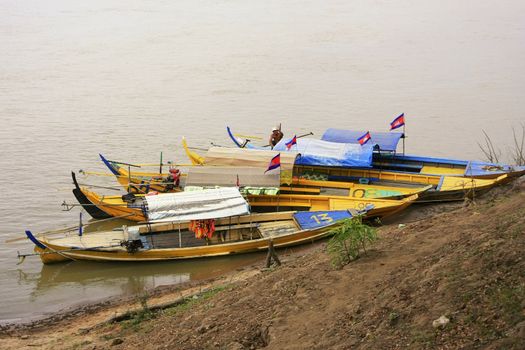 Colorful boats on Mekong river, Kratie, Cambodia