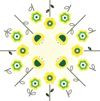 Retro spring flowers in circle - yellow and green