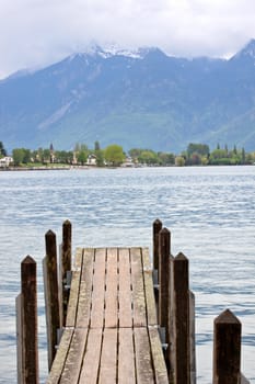 Planked footway on mountain lake in Swiss