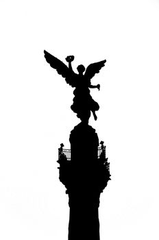A black and white silhouette of the Angel of Independence in Mexico City