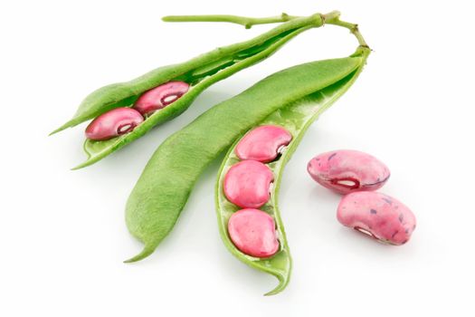 Ripe Haricot Beans with Seed and Leaves Isolated on White