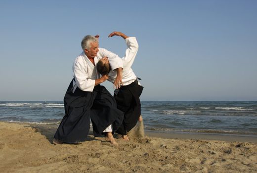 training of Aikido on the beach
