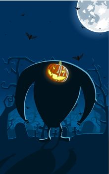 Vector illustration of scary Jack-o-lantern man on the grave