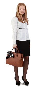Young woman with handbag against a white background.