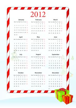 Vector illustration of European calendar 2012 with gift boxes, starting from Mondays