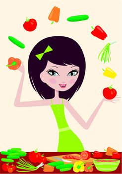 Pretty girl prepares salad and juggles with vegetables